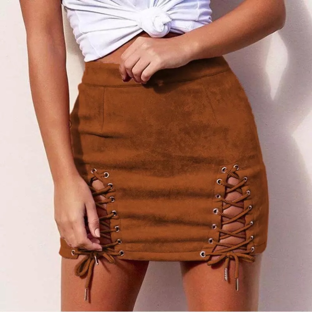 Hana ♡ Coffee Brown Suede Lace Up Skirt